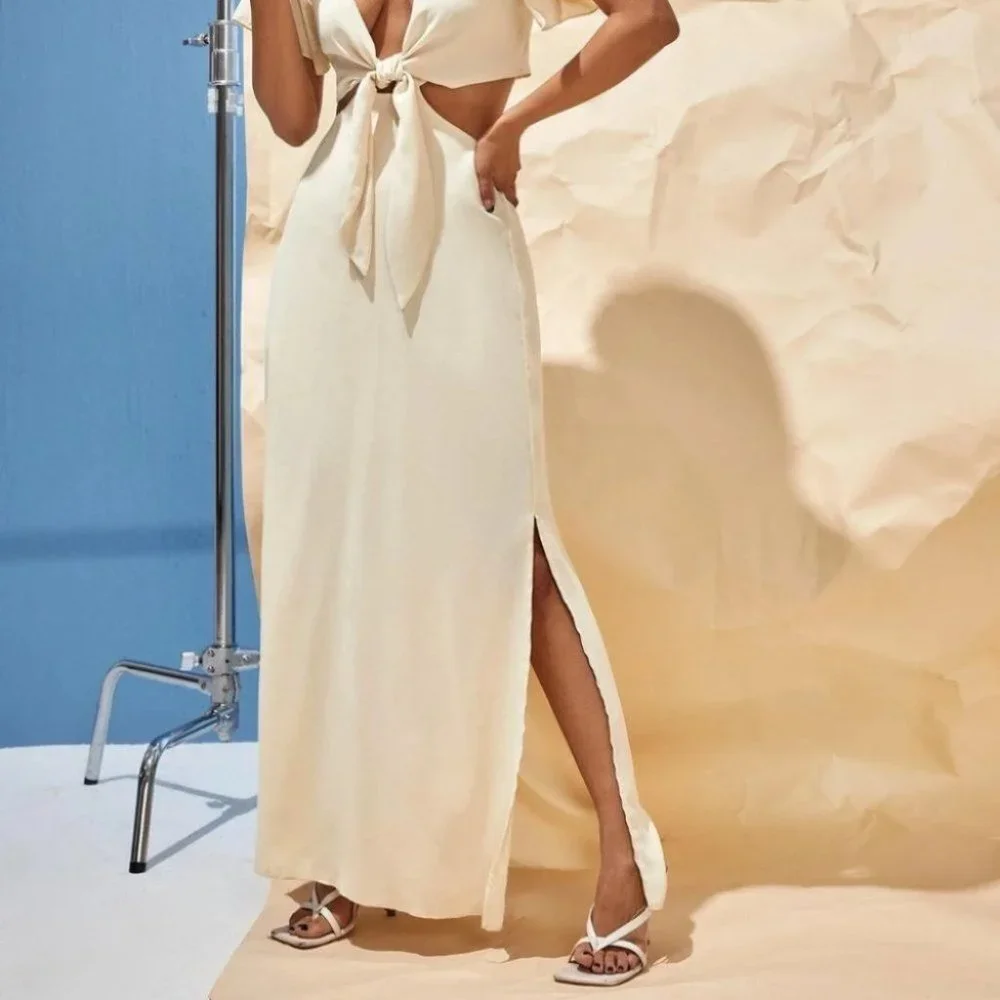 BEIGE TIE FRONT CUT OUT SPLIT HEM MAXI DRESS - Picture 8 of 14